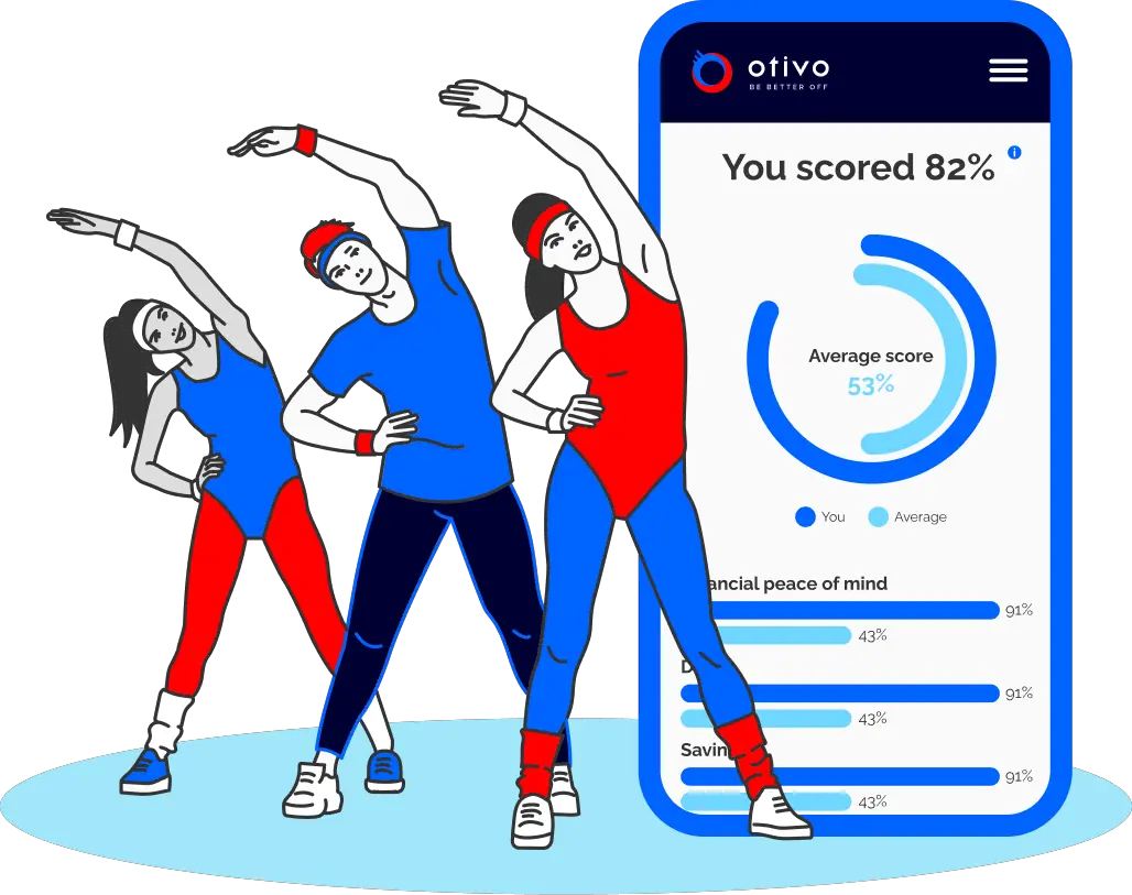 Three people exercising next to a phone